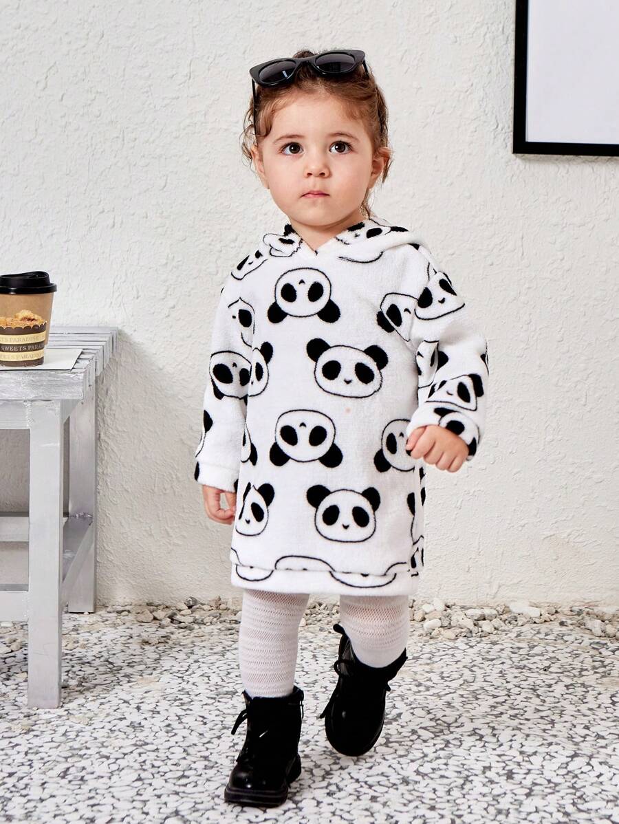 SHEIN 可愛卡通熊貓圖案毛茸茸連帽長袖運動衫連身裙女嬰休閒裝 - 白色 - 查看 1
