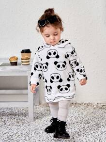 SHEIN 可愛卡通熊貓圖案毛茸茸連帽長袖運動衫連身裙女嬰休閒裝 - 白色 - 查看 3
