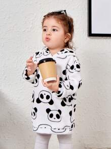 SHEIN 可愛卡通熊貓圖案毛茸茸連帽長袖運動衫連身裙女嬰休閒裝 - 白色 - 查看 5