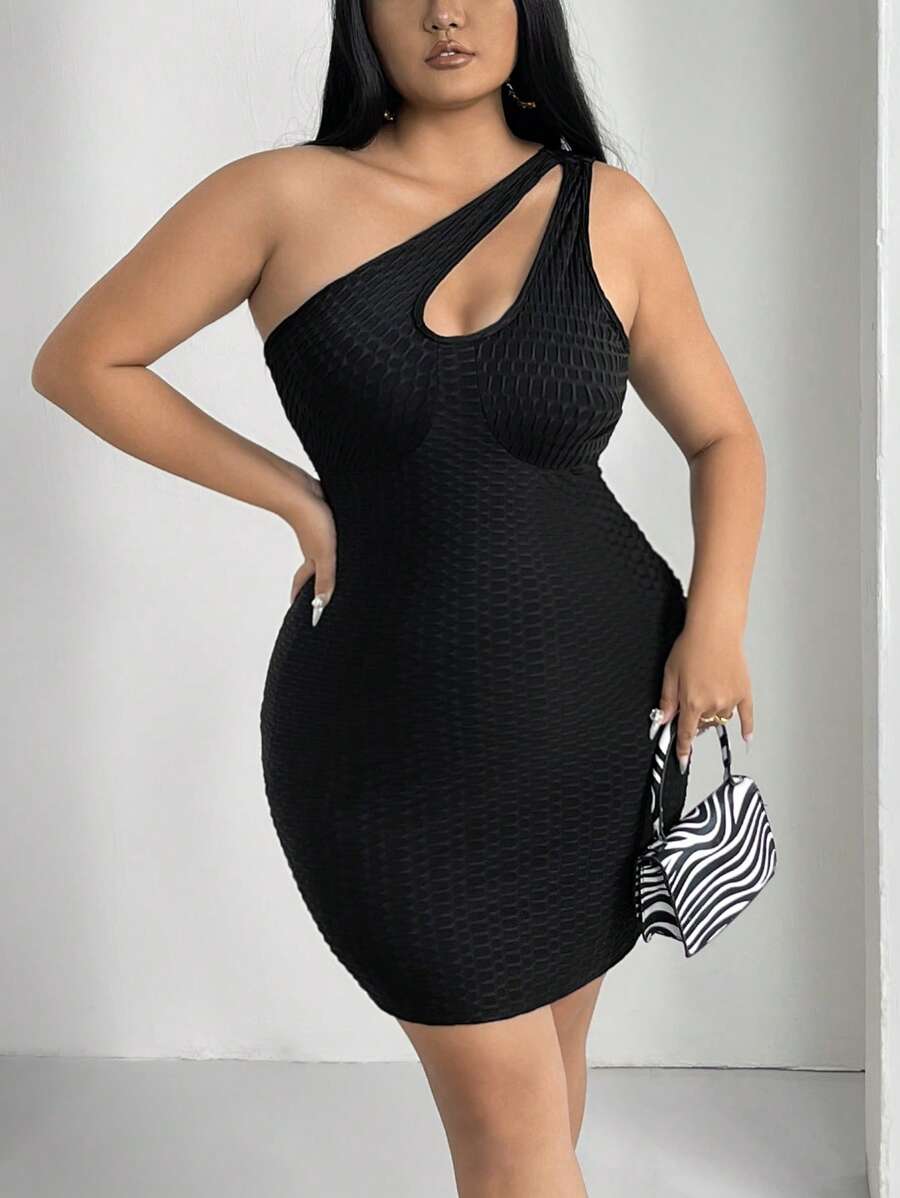 SHEIN SXY Plus One Shoulder Cut Out Bodycon Dress - Black - View 1