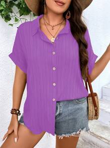 SHEIN LUNE Plus Solid Button Front Shirt - Purple - View 1