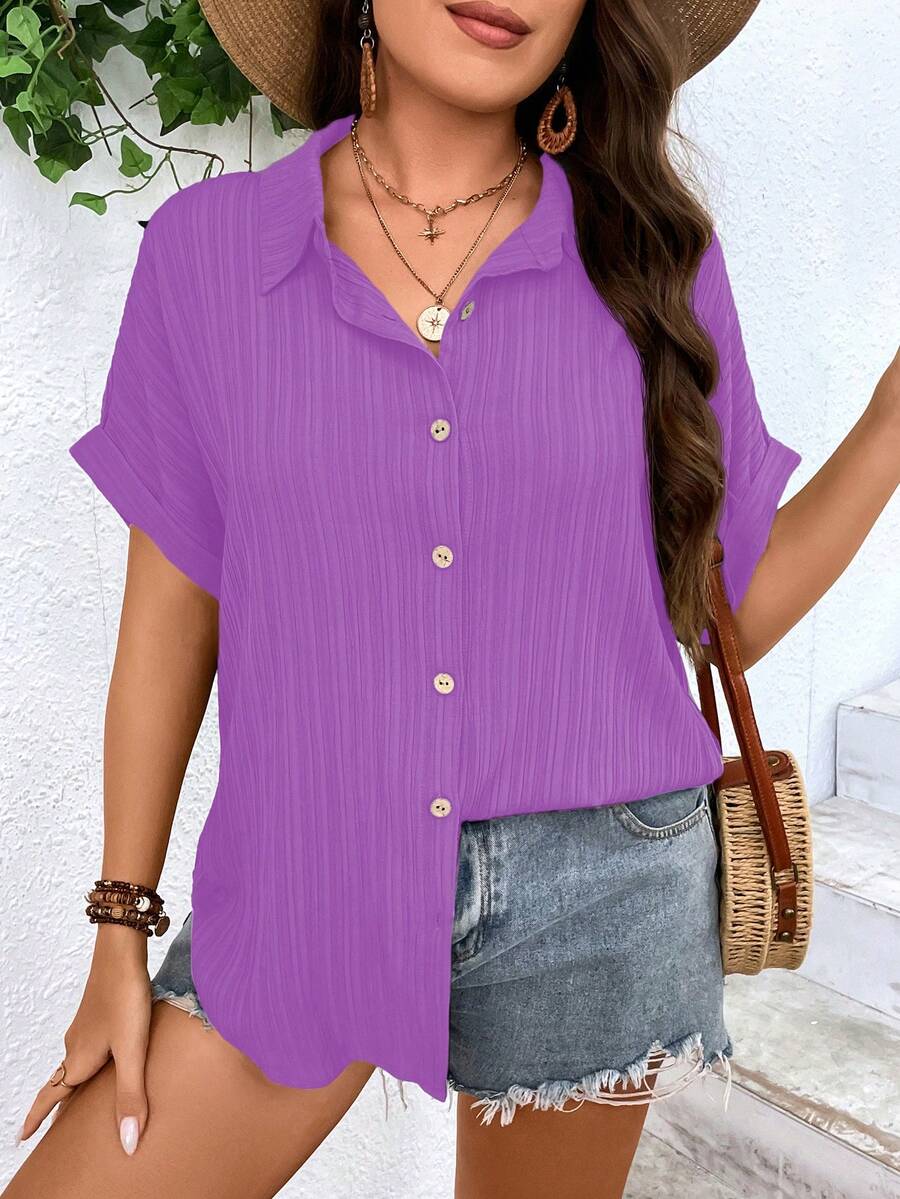 SHEIN LUNE Plus Solid Button Front Shirt - Purple - View 1