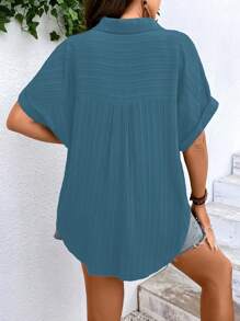 SHEIN LUNE Plus Batwing Sleeve Button Front Shirt - Dusty Blue - View 2