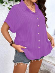 SHEIN LUNE Plus Solid Button Front Shirt - Purple - View 6