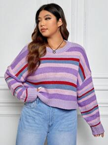 SHEIN EZwear 大碼條紋圖案落肩袖套頭毛衣 - 彩色 - 查看 1