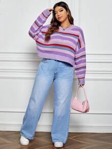 SHEIN EZwear 大碼條紋圖案落肩袖套頭毛衣 - 彩色 - 查看 3