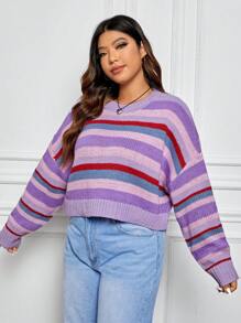 SHEIN EZwear 大碼條紋圖案落肩袖套頭毛衣 - 彩色 - 查看 4