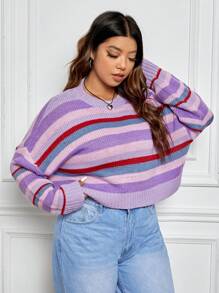 SHEIN EZwear 大碼條紋圖案落肩袖套頭毛衣 - 彩色 - 查看 5