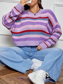 SHEIN EZwear 大碼條紋圖案落肩袖套頭毛衣 - 彩色 - 查看 6