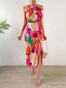 SHEIN Holidaya Women's Open Shoulder Split Floral Summer Dress