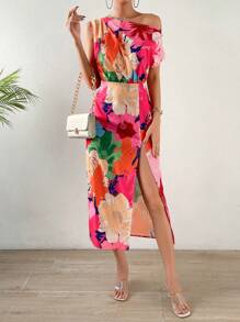 SHEIN Holidaya Women's Open Shoulder Split Floral Summer Dress