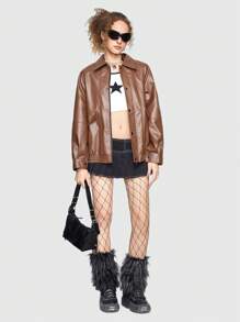 ROMWE Grunge Punk Cazadora unicolor PU - Marrón Chocolate - Ver 1