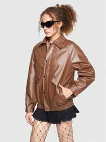 ROMWE Grunge Punk Cazadora unicolor PU - Marrón Chocolate - Ver 5