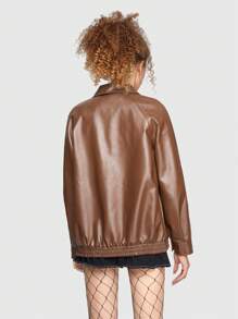 ROMWE Grunge Punk Cazadora unicolor PU - Marrón Chocolate - Ver 6