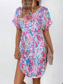 SHEIN LUNE Allover Print Batwing Sleeve Curved Hem Dress - Blue - View 1