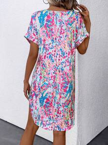 SHEIN LUNE Allover Print Batwing Sleeve Curved Hem Dress - Blue - View 2