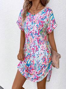 SHEIN LUNE Allover Print Batwing Sleeve Curved Hem Dress - Blue - View 3