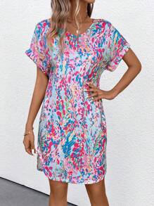 SHEIN LUNE Allover Print Batwing Sleeve Curved Hem Dress - Blue - View 4