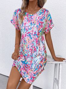 SHEIN LUNE Allover Print Batwing Sleeve Curved Hem Dress - Blue - View 5