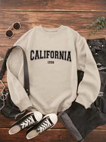 SHEIN EZwear 大碼字母圖案加絨內裏運動衫 - 杏色 - 查看 1