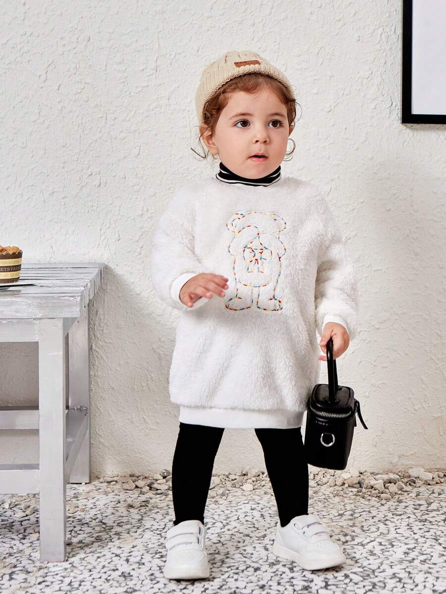 SHEIN 女嬰卡通刺繡落肩袖絨毛連衣裙 - 白色 - 查看 1