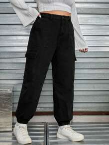 SHEIN EZwear Plus Flap Pocket Side Cargo Jeans - Black - View 1