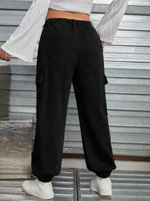 SHEIN EZwear Plus Flap Pocket Side Cargo Jeans - Black - View 2