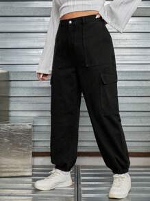 SHEIN EZwear Plus Flap Pocket Side Cargo Jeans - Black - View 3