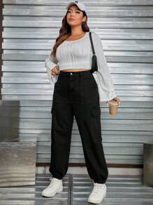 SHEIN EZwear Plus Flap Pocket Side Cargo Jeans - Black - View 4