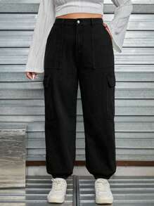SHEIN EZwear Plus Flap Pocket Side Cargo Jeans - Black - View 5