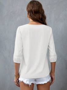 SHEIN Privé Guipure Lace Insert Lantern Sleeve Blouse - White - View 2