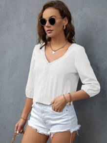 SHEIN Privé Guipure Lace Insert Lantern Sleeve Blouse - White - View 3