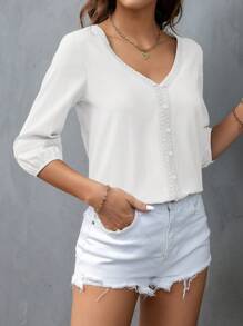 SHEIN Privé Guipure Lace Insert Lantern Sleeve Blouse - White - View 6