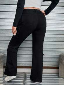 SHEIN EZwear Plus Flap Pocket Side Flare Leg Jeans - Black - View 2