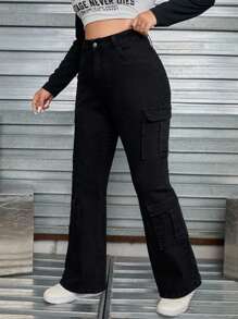 SHEIN EZwear Plus Flap Pocket Side Flare Leg Jeans - Black - View 5