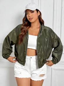 SHEIN EZwear Plus Letter Graphic Zip Up Hooded Jacket - Army Green - View 4