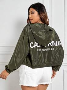 SHEIN EZwear Plus Letter Graphic Zip Up Hooded Jacket - Army Green - View 5