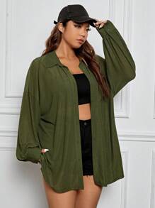 SHEIN EZwear 大碼落肩袖口袋貼布襯衫 - 軍綠色 - 查看 3