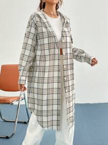 SHEIN Unity 格紋印花落肩袖連帽外套 - 杏色 - 查看 3