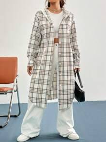 SHEIN Unity 格紋印花落肩袖連帽外套 - 杏色 - 查看 5