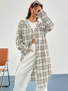 SHEIN Unity 格紋印花落肩袖連帽外套 - 杏色 - 查看 6