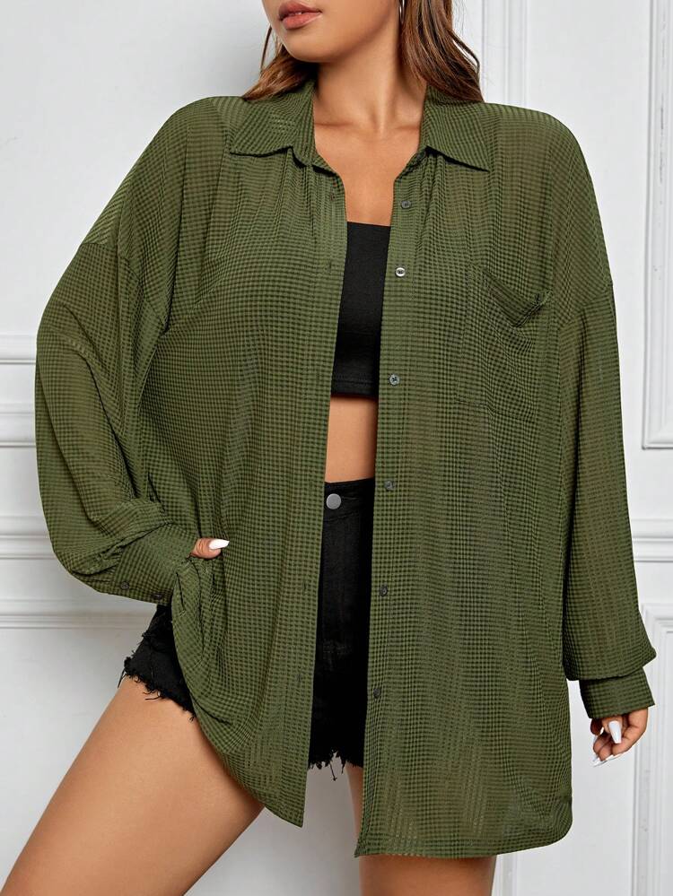 Plus Size Solid Color Loose Fit Drop Shoulder Casual Shirt