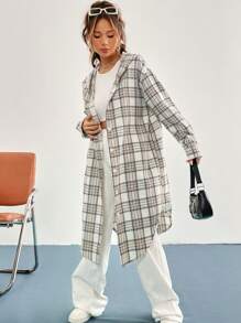 SHEIN Unity 格紋印花落肩袖連帽外套 - 杏色 - 查看 7