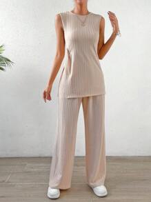 SHEIN Essnce Solid Split Hem Tank Top & Wide Leg Pants - Apricot - View 6