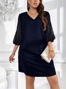 SHEIN Clasi Plus Contrast Mesh Lantern Sleeve Dress - Navy Blue - View 1