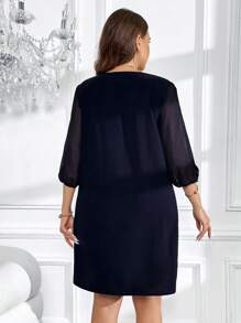 SHEIN Clasi Plus Contrast Mesh Lantern Sleeve Dress - Navy Blue - View 3