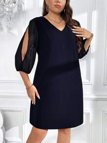 SHEIN Clasi Plus Contrast Mesh Lantern Sleeve Dress - Navy Blue - View 2