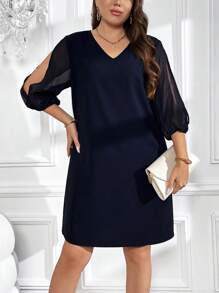 SHEIN Clasi Plus Contrast Mesh Lantern Sleeve Dress - Navy Blue - View 5