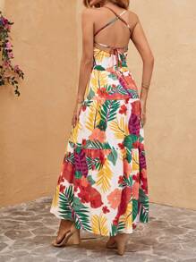SHEIN VCAY 熱帶圖案荷葉邊吊帶連衣裙 - 彩色 - 查看 2