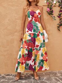 SHEIN VCAY 熱帶圖案荷葉邊吊帶連衣裙 - 彩色 - 查看 4